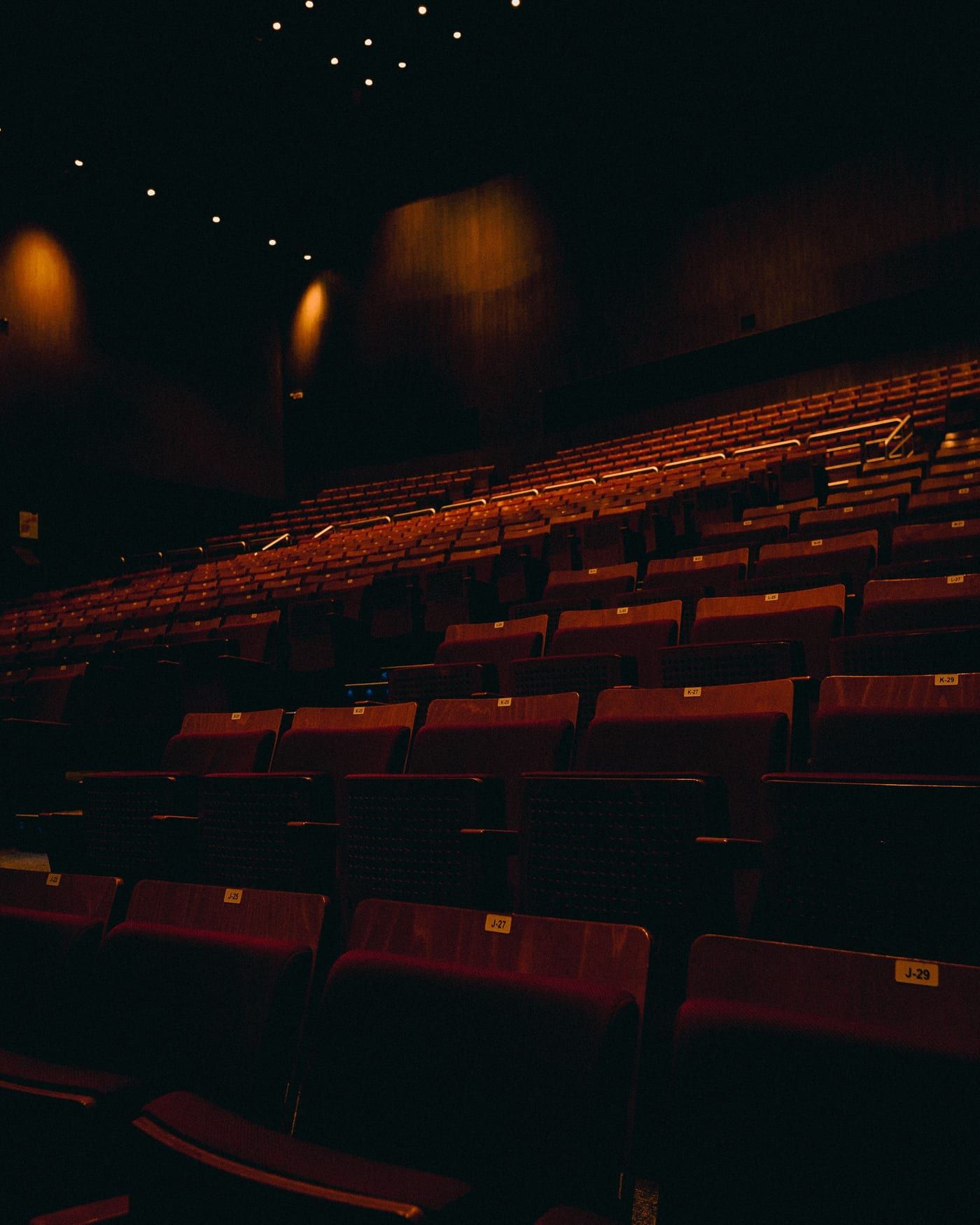 Ein leerer Konzertsaal mit Sitzreihen in gedämpftem Licht.